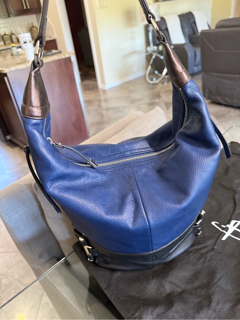 Blue Leather Hobo Bag with Dark Trim